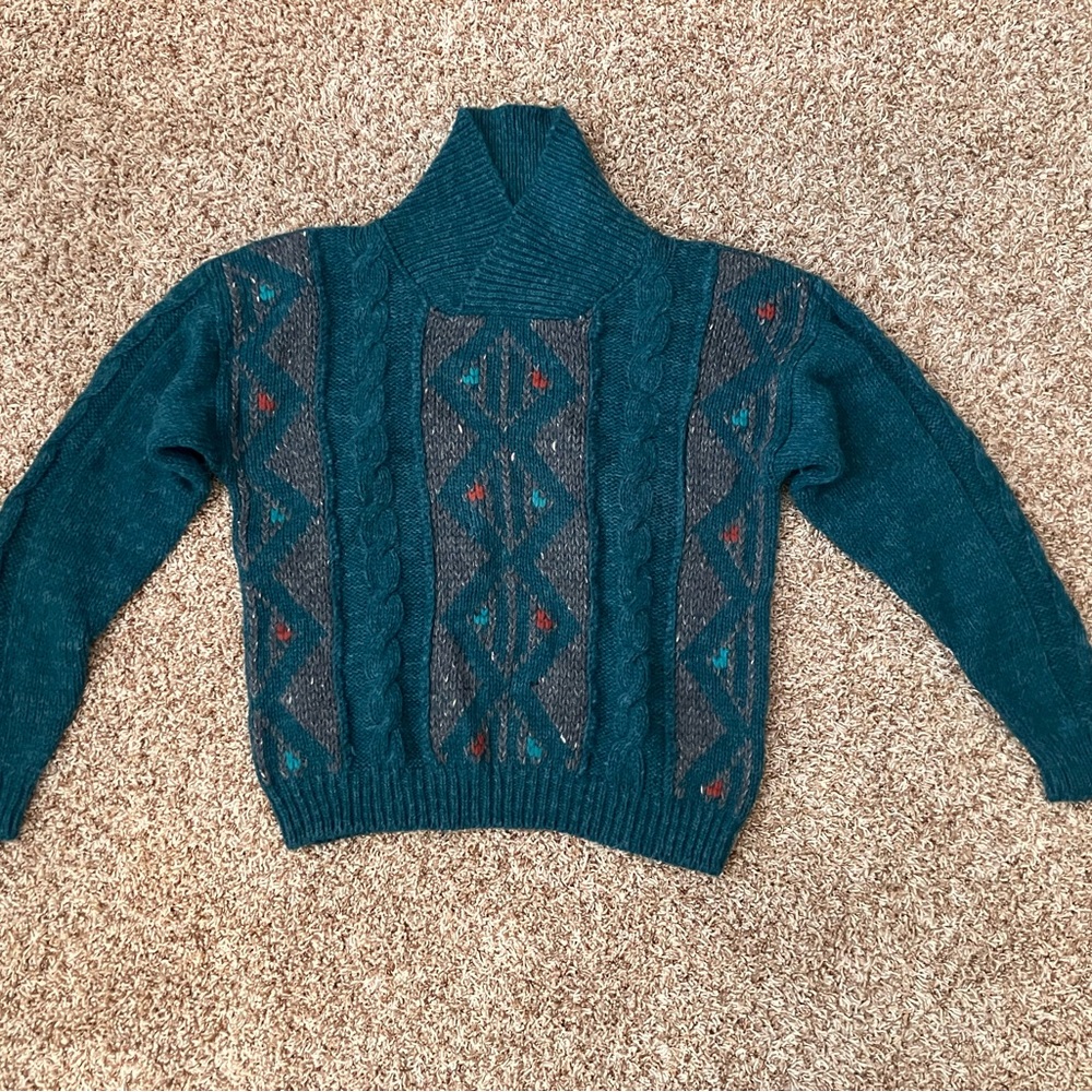 Vintage 90s Grandpa Wool Crewneck Sweater L Geometric Cottagecore Cabin Cozy